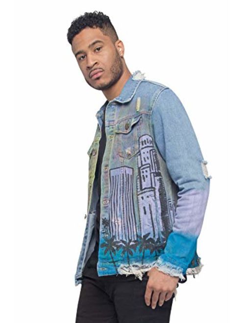 Victorious Men's Casual Distressed Airbrush City Denim Jean Jacket DK164 - Day - 4X-Large - J7F