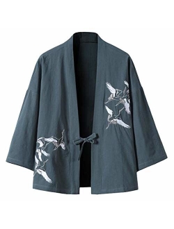 HZCX FASHION Men's Cotton Blends Linen Open Front Cardigan Kimono Jackets