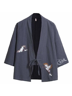 HZCX FASHION Men's Cotton Blends Linen Open Front Cardigan Kimono Jackets