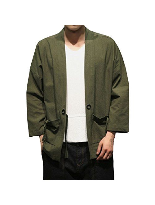 HZCX FASHION Men's Cotton Blends Linen Open Front Cardigan Kimono Jackets