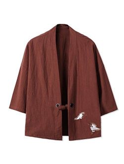 Men's Cotton Blends Linen Open Front Cardigan Embroidery Kimono Jackets