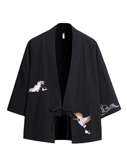 Men's Cotton Blends Linen Open Front Cardigan Embroidery Kimono Jackets