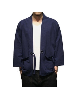 Men's Cotton Blends Linen Open Front Cardigan Embroidery Kimono Jackets