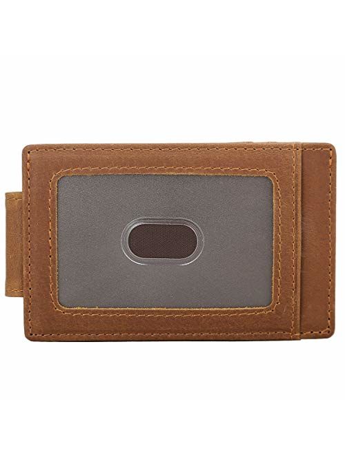 Polare Men's RFID Blocking Full Grain Leather Magnetic Front Pocket Money Clip Powerful Magnets Slim Wallet