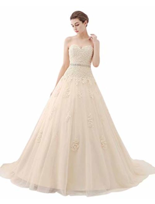 ScelleBridal Sweetheart Strapless A-line Lace Appliques Wedding Dresses for Bride