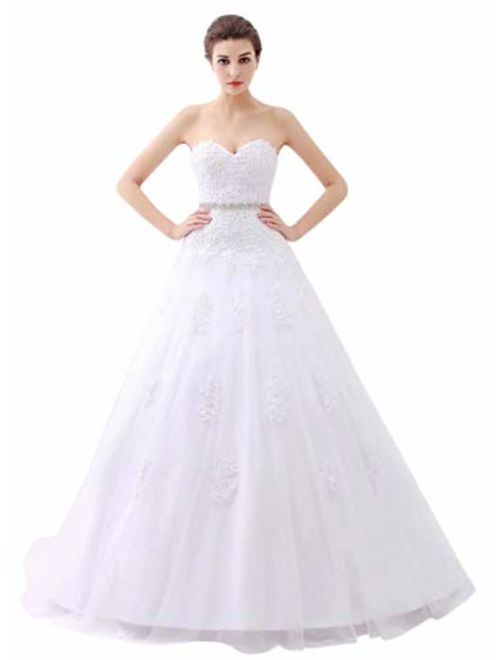 ScelleBridal Sweetheart Strapless A-line Lace Appliques Wedding Dresses for Bride