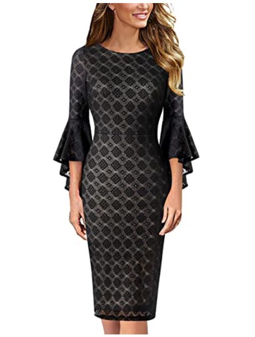 VFSHOW Womens Black Lace Yellow Floral Print Ruffle Bell Sleeves Casual Business Cocktail Party Bodycon Pencil Sheath Dress 3865 BLK M