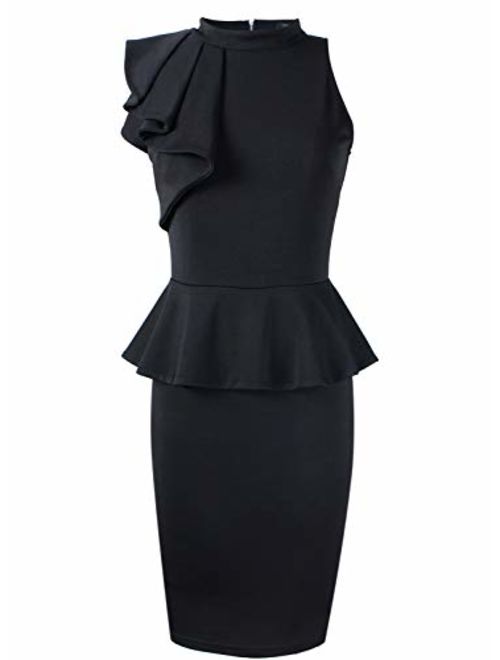 VFSHOW Womens Mock Neck Ruffle Peplum Business Cocktail Party Sheath Dress