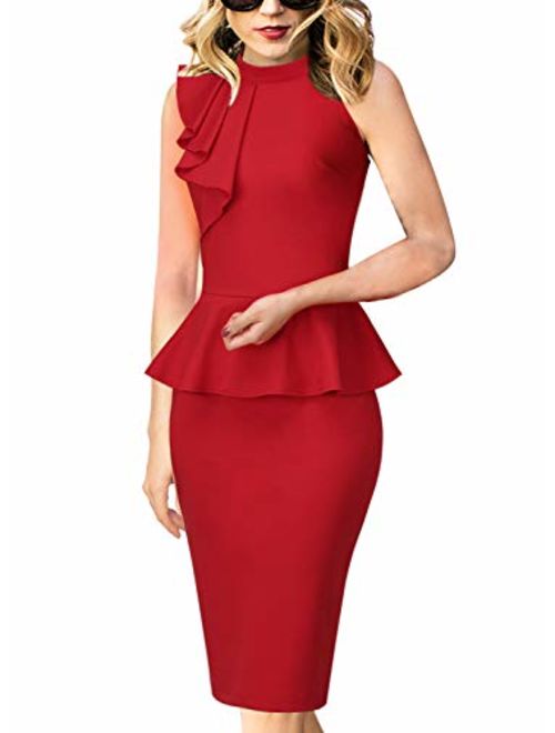 VFSHOW Womens Mock Neck Ruffle Peplum Business Cocktail Party Sheath Dress