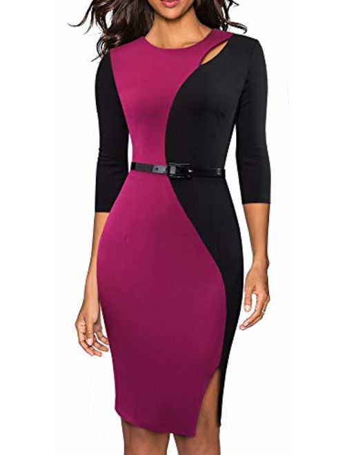 HOMEYEE Women's 3/4 Sleeve Colorblock Business Dress with Belt B478