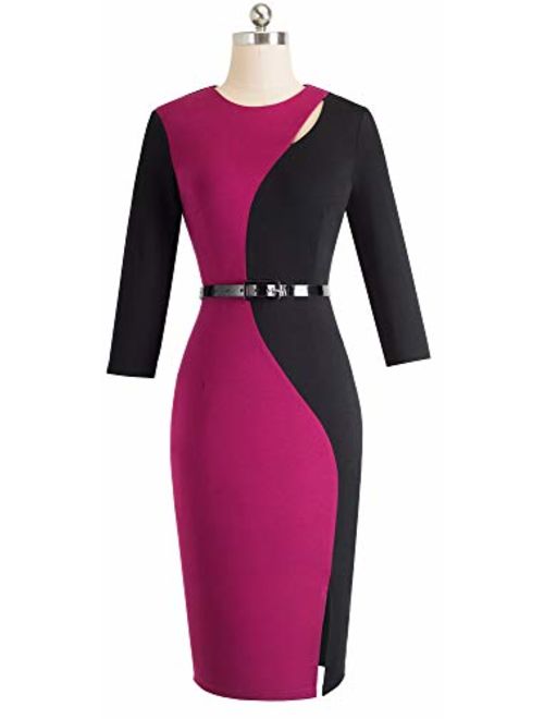 HOMEYEE Women's 3/4 Sleeve Colorblock Business Dress with Belt B478