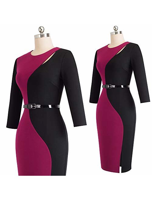 HOMEYEE Women's 3/4 Sleeve Colorblock Business Dress with Belt B478