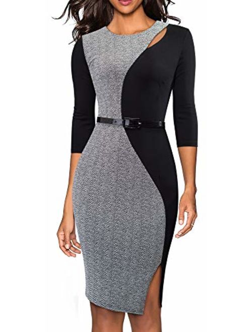 HOMEYEE Women's 3/4 Sleeve Colorblock Business Dress with Belt B478