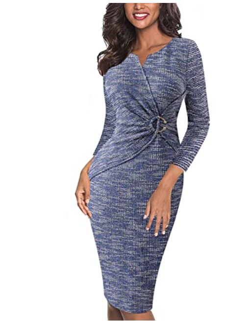 VFSHOW Womens Elegant V Neck Ruched Work Office Business Bodycon Sheath Dress