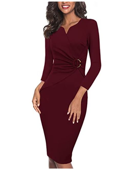 VFSHOW Womens Elegant V Neck Ruched Work Office Business Bodycon Sheath Dress