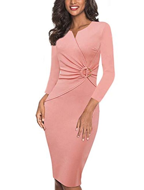 VFSHOW Womens Elegant V Neck Ruched Work Office Business Bodycon Sheath Dress