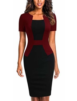 Mmondschein Women's Short Sleeve Colorblock Sheath Pencil Business Church Dress