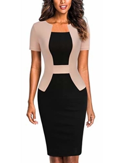 Mmondschein Women's Short Sleeve Colorblock Sheath Pencil Business Church Dress