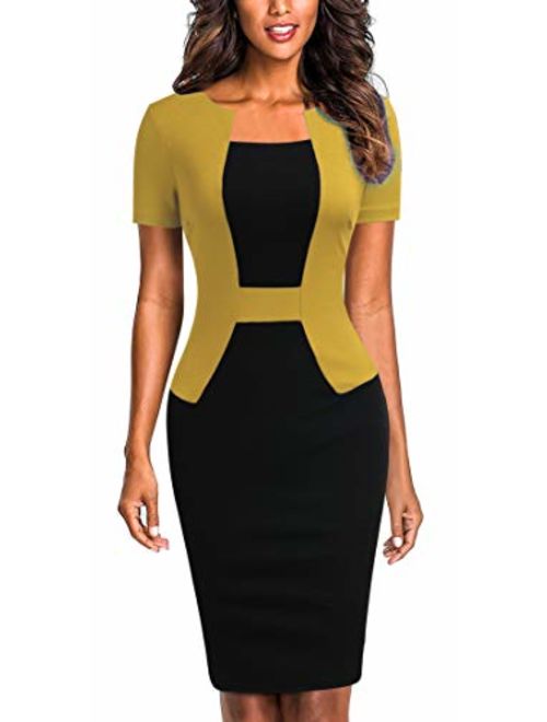 Mmondschein Women's Short Sleeve Colorblock Sheath Pencil Business Church Dress