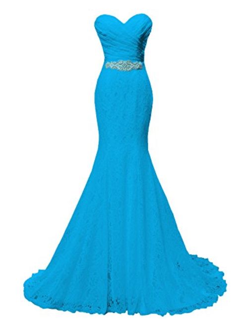 SOLOVEDRESS Women's Lace Wedding Dress Mermaid Evening Dress Bridal Gown with Sash (US 20 Plus,Blue)