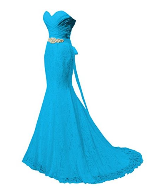 SOLOVEDRESS Women's Lace Wedding Dress Mermaid Evening Dress Bridal Gown with Sash (US 20 Plus,Blue)