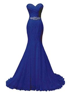 SOLOVEDRESS Women's Lace Wedding Dress Mermaid Evening Dress Bridal Gown with Sash (US 12,Royal Blue)