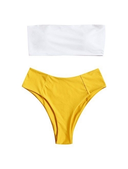 Womens Swimwear Two Pieces Solid Color High Cut Bandeau Bikini Set