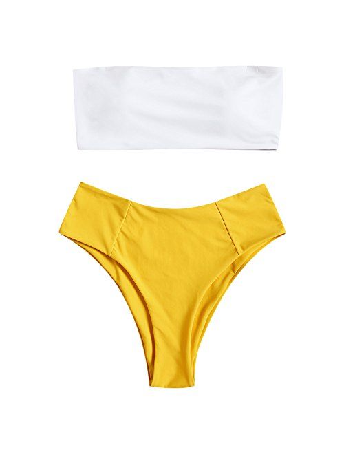 ZAFUL Womens Swimwear Two Pieces Solid Color High Cut Bandeau Bikini Set