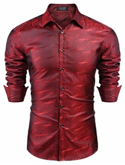 Men's Luxury Dress Shirt Long Sleeve Slim Fit Silk Like Satin Prom Wedding Party Casual Button Down Shirts