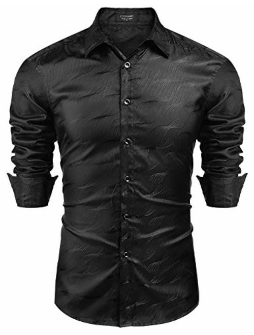 COOFANDY Men's Luxury Dress Shirt Long Sleeve Slim Fit Silk Like Satin Prom Wedding Party Casual Button Down Shirts