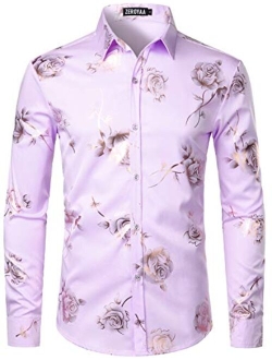 Men's Floral Embroidery Slim Fit Long Sleeve Band Collar Dress Shirts