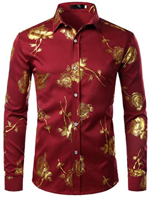 ZEROYAA Men's Floral Embroidery Slim Fit Long Sleeve Band Collar Dress Shirts