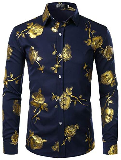 ZEROYAA Men's Floral Embroidery Slim Fit Long Sleeve Band Collar Dress Shirts