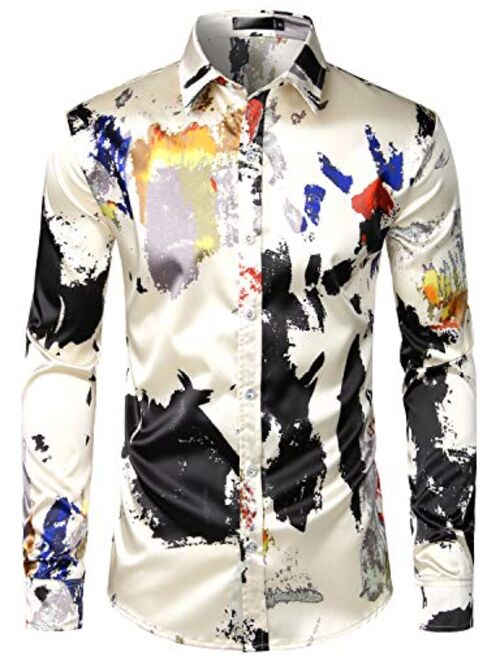 ZEROYAA Men's Floral Embroidery Slim Fit Long Sleeve Band Collar Dress Shirts