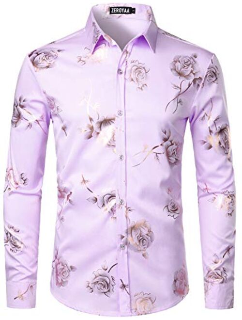 ZEROYAA Men's Floral Embroidery Slim Fit Long Sleeve Band Collar Dress Shirts