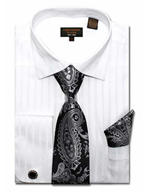 Christopher Tanner Men's Solid Striped Herringbone Striped Pattern Regular Fit Dress Shirts with Tie Hanky Cufflinks Combo