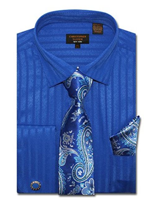 Christopher Tanner Men's Solid Striped Herringbone Striped Pattern Regular Fit Dress Shirts with Tie Hanky Cufflinks Combo