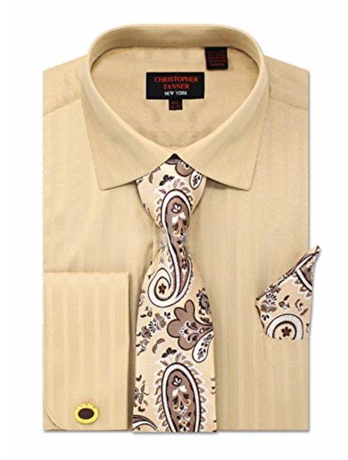 Christopher Tanner Men's Solid Striped Herringbone Striped Pattern Regular Fit Dress Shirts with Tie Hanky Cufflinks Combo