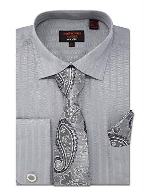 Christopher Tanner Men's Solid Striped Herringbone Striped Pattern Regular Fit Dress Shirts with Tie Hanky Cufflinks Combo