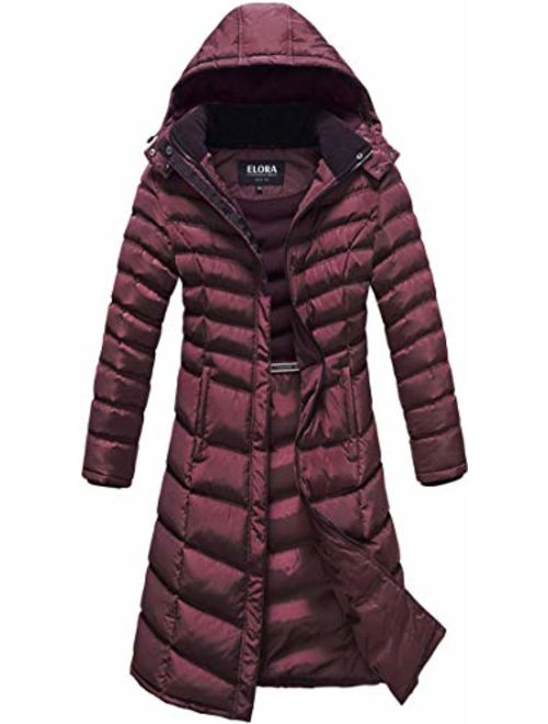 ELORA Women's Warm Winter Heavyweight Quilted 40' inch Long Fleece Trim Puffer Coat Parka Removal Hood