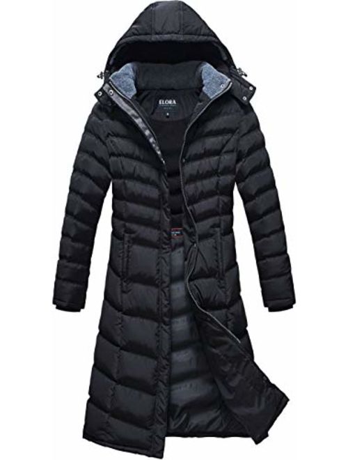 ELORA Women's Warm Winter Heavyweight Quilted 40' inch Long Fleece Trim Puffer Coat Parka Removal Hood