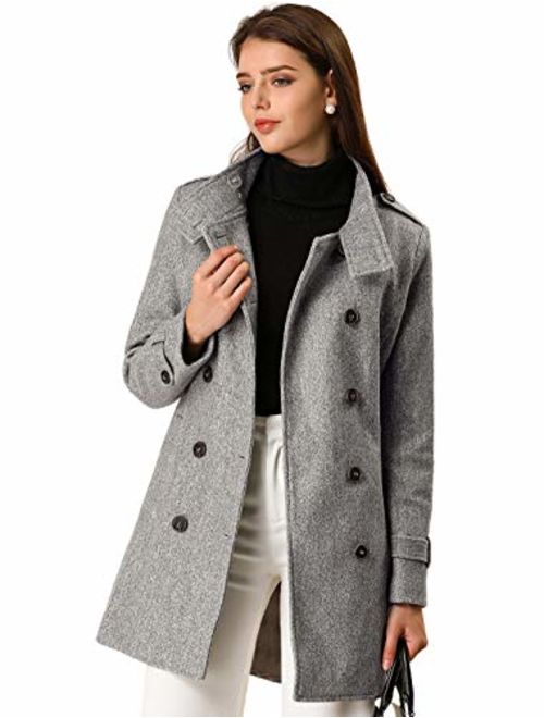 Allegra K Women's Stand Collar Double Breasted Pockets Trendy Outwear Winter Coat with Belt