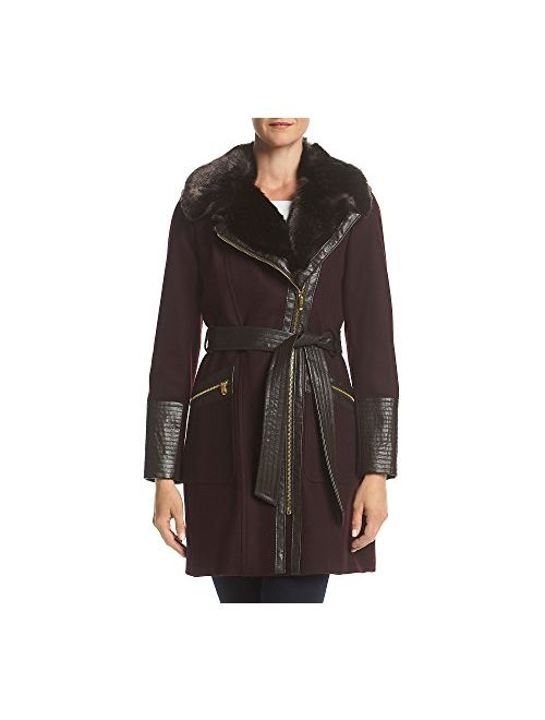 Via Spiga Women's Kate Mid-Length Belted Wool Assymetric Zip Front Coat with Fur Collar