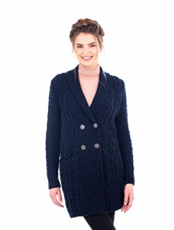 SAOL 100% Irish Merino Wool Ladies Shawl Collar Cardigan Coat with Pockets