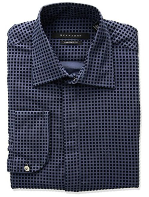 Sean John Men's Tailored Fit Check Spread Collar Dress Shirt