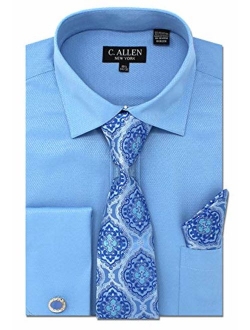 Men's Solid Micro Pattern Regular Fit Dress Shirts with Tie Hanky Cufflinks Combo French Cuffs