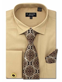 Men's Solid Micro Pattern Regular Fit Dress Shirts with Tie Hanky Cufflinks Combo French Cuffs