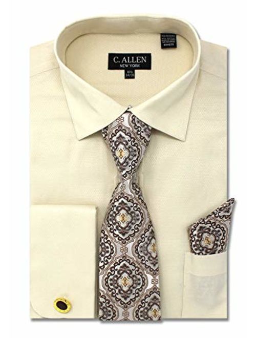 Men's Solid Micro Pattern Regular Fit Dress Shirts with Tie Hanky Cufflinks Combo French Cuffs