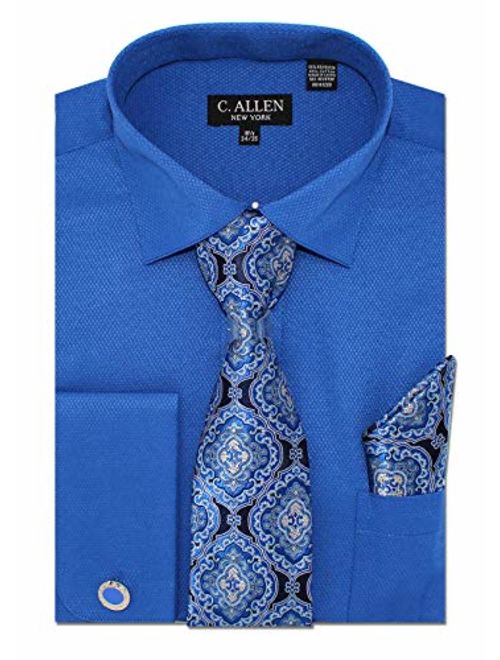 Men's Solid Micro Pattern Regular Fit Dress Shirts with Tie Hanky Cufflinks Combo French Cuffs