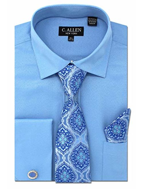 Men's Solid Micro Pattern Regular Fit Dress Shirts with Tie Hanky Cufflinks Combo French Cuffs